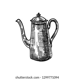 Vintage teapot vector ink sketch illustration isolated on white background, romantic decorative pot, kitchen appliances for design for tea time, tea party invitation, greeting card, restaurant menu