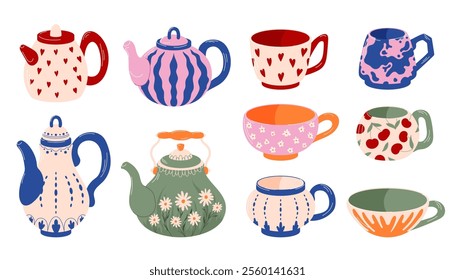 Vintage teapots and cups set in flat style. Ceramic kitchen dishes with hearts, flowers and cherries design. Perfect for kitchen decor, tea party, for english afternoon tea ceremony or breakfast.