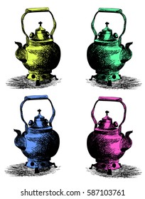 Vintage teapots, hand drawn vector illustration