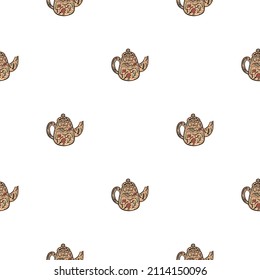 Vintage teapots seamless pattern. Background of teatime in hand drawn style. Repeated texture in doodle style for fabric, wrapping paper, wallpaper, tissue. Vector illustration.