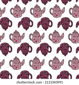 Vintage teapots seamless pattern. Background of teatime in hand drawn style. Repeated texture in doodle style for fabric, wrapping paper, wallpaper, tissue. Vector illustration.