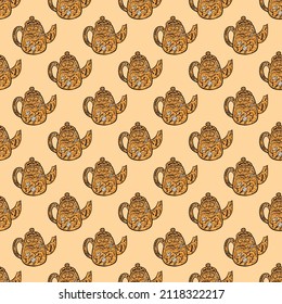 Vintage teapots seamless pattern. Background of teatime in hand drawn style. Repeated texture in doodle style for fabric, wrapping paper, wallpaper, tissue. Vector illustration.