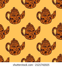 Vintage teapots seamless pattern. Background of teatime in hand drawn style. Repeated texture in doodle style for fabric, wrapping paper, wallpaper, tissue. Vector illustration.
