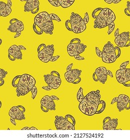 Vintage teapots seamless pattern. Background of teatime in hand drawn style. Repeated texture in doodle style for fabric, wrapping paper, wallpaper, tissue. Vector illustration.