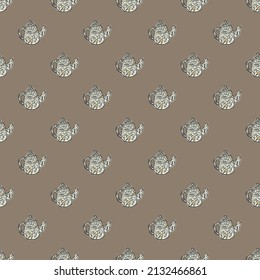 Vintage teapots seamless pattern. Background of teatime in hand drawn style. Repeated texture in doodle style for fabric, wrapping paper, wallpaper, tissue. Vector illustration.