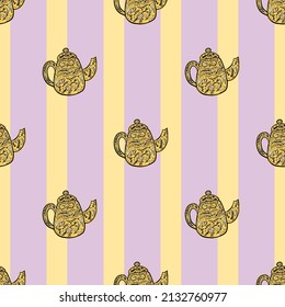 Vintage teapots seamless pattern. Background of teatime in hand drawn style. Repeated texture in doodle style for fabric, wrapping paper, wallpaper, tissue. Vector illustration.