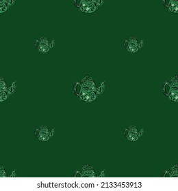 Vintage teapots seamless pattern. Background of teatime in hand drawn style. Repeated texture in doodle style for fabric, wrapping paper, wallpaper, tissue. Vector illustration.