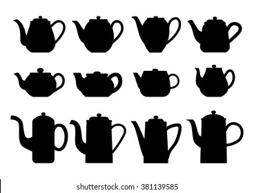 Vintage teapots. Teapots silhouettes of various shapes. Vector illustration.