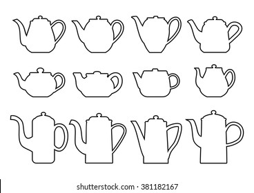 Vintage teapots. Teapots silhouettes of various shapes in thin line style. Vector illustration.