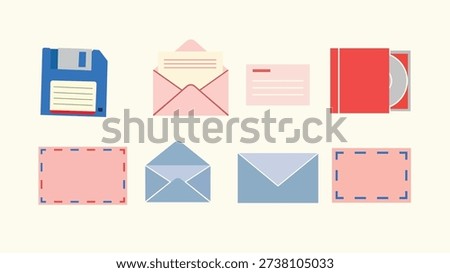 Vintage Tech and Communication Icons: Floppy Disk, Envelopes, CD Case, Cards