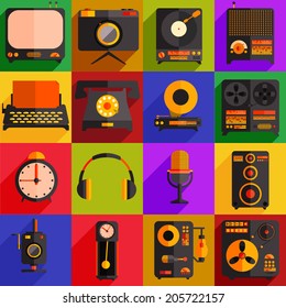 Vintage Technical Icon Set - Television, Radio, Audio, Mechanics