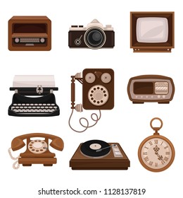 Vintage technologies set, retro radio, photo camera, tv, typewriter, payphone, vinyl player, pocket watch vector Illustrations on a white background