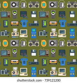 Vintage technologies vector retro audio multimedia entertainment old electronic gadget communication seamless pattern background illustration.