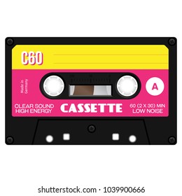 Vintage technology audio cassette tape isolated on white background.