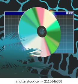 vintage technology concept, laser disc with message box and palm tree on water ripple, retro wave illustration design