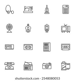 Vintage technology line icons set, outline vector symbol collection, linear style pictogram pack. Signs, logo illustration. Set includes icons as retro tv, old telephone, cassette tape, sewing machine