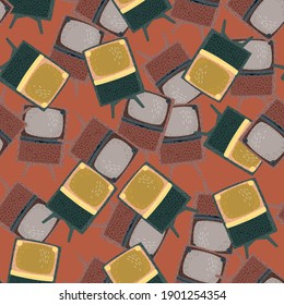 Tecnología vintage de diseño transparente con estampado de tv pálido azul y amarillo. Fondo naranja. Ilustración vectorial para impresiones textiles estacionales, tela, carteles, telas de fondo y papel pintado.