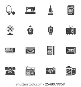 Conjunto de iconos vectoriales de tecnología Antiguas, colección de símbolos sólidos modernos, paquete de pictogramas de estilo relleno. Señales, ilustración del logotipo. El sistema incluye iconos como tv retro, teléfono viejo, cinta de casete, máquina de coser