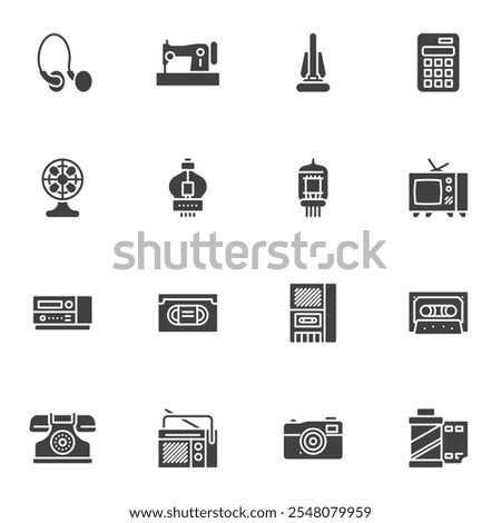 Vintage technology vector icons set, modern solid symbol collection, filled style pictogram pack. Signs, logo illustration. Set includes icons as retro tv, old telephone, cassette tape, sewing machine