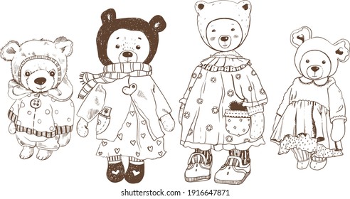 Vintage Teddy bears set. Vector hand drawn illustration. Doodle style. Cute teddies for greeting card making, birthday card, planer stickers and more.