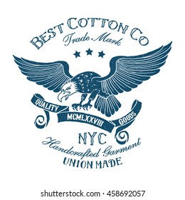 Vintage tee print design with eagle,ribbon and type.