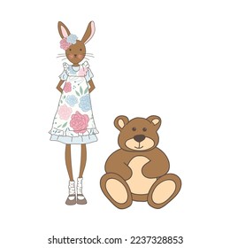 vintage teenage bunny girl with teddy bear and heart