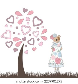 vintage teenage dog girl and heart tree