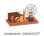 Vintage telegraph machine. 19th century Morse code device. Old wooden apparatus with keys, wheel. Ancient communication, Retro technology. Flat vector illustration isolated on white background