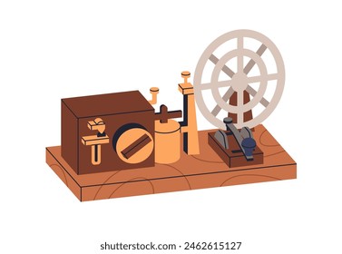 Klassische Telegrafiemaschine. 19. Jahrhundert Morse-Code-Gerät. Altes Holzgerät mit Schlüssel, Rad. Antike Kommunikation, Retro-Technologie. Flache Vektorillustration isoliert auf weißem Hintergrund