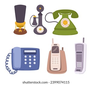 Vintage Telephone Collection. An Array Of Rotary And Push-button Models, Telling The Story Of Communication Evolution With A Nostalgic Blend Of Design And Functionality. Cartoon Vector Illustration