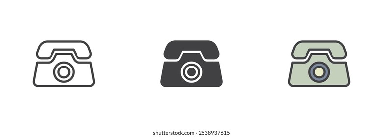 Conjunto de iconos de estilo diferente de Antiguas Telephone. Línea, glifo y contorno relleno versión colorida, contorno y signo de Vector relleno. Símbolo de teléfono viejo, ilustración del logotipo. Gráficos de Vector