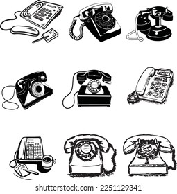 Vintage Telephone Doodles, Vectors, Old Phone Receivers