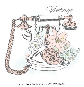 Vintage telephone with flowers. Vector illustration.
