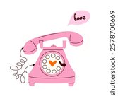 Vintage telephone. Hand-drawn old phones with heart. Concept of Valentine's day, romance, good moments, love, talks. For poster, greeting card, invitation, flyer, banner, stickers