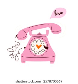 Vintage telephone. Hand-drawn old phones with heart. Concept of Valentine's day, romance, good moments, love, talks. For poster, greeting card, invitation, flyer, banner, stickers