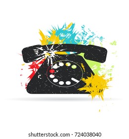 Vintage telephone on background with color spots. Grunge vector illustration