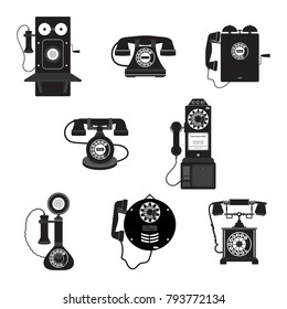 Vintage telephone solid icons, Eight grey scale retro telephone solid icons, Vector illustration, Cartoon solid icons, Retro vintage telephone icons