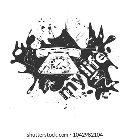 Vintage telephone. White object on black background. Grunge vector illustration