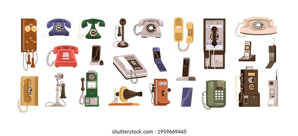 Vintage telephones and modern mobile phones set. Old antique analog devices for communication. Desktop rotary, radiophone and cellphone. Colored flat vector illustration isolated on white background