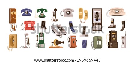 Vintage telephones and modern mobile phones set. Old antique analog devices for communication. Desktop rotary, radiophone and cellphone. Colored flat vector illustration isolated on white background Stockfoto © 