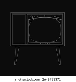 Televisão vintage com um quadro preto clássico e tela branca, de pé sobre uma base preta com botões e botões. O design retrô evoca nostalgia para as primeiras eras de transmissão.