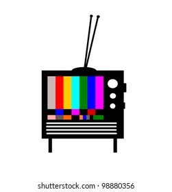 vintage television with colorful test pattern on screen