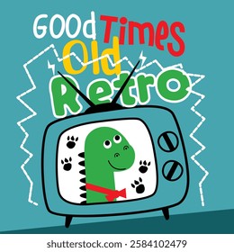 Vintage television displaying cartoon dinosaur with bowtie in nostalgic retro style. Childhood memories concept
