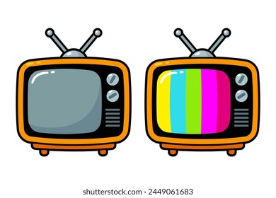 Vintage television set in cute cartoon style. No signal, colored stripes (TV test pattern). Vector clip art illustration.