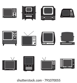 Vintage television solid icons, Twelve grey scale television solid icons, Vector illustration, Cartoon solid icons, Retro vintage television icons
