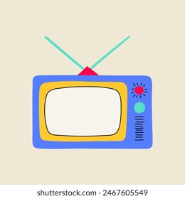 Vintage television or TV illustration, flat line style. Hand drawn graphic old technology element.