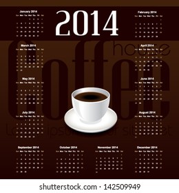 Vintage template for calendar 2014 with a cup of coffee