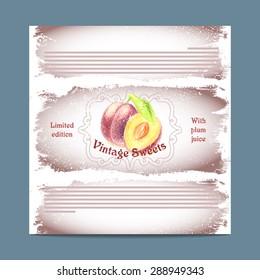 Vintage template candy packaging. Plum sweets. Stencil for print of pack sugar lozenge.