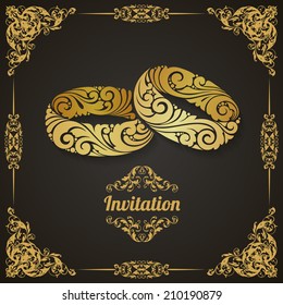 Vintage template with decorative frame and couple of ornamental rings. Wedding  invitation