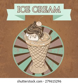 Vintage template for design with hand drawn ice cream poster with the grange texture